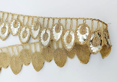 9 Yards Sheer Gold Tissue Fabric Scalloped Lace Trim with Indian Gold Foil Work Gota Patti Sari Border